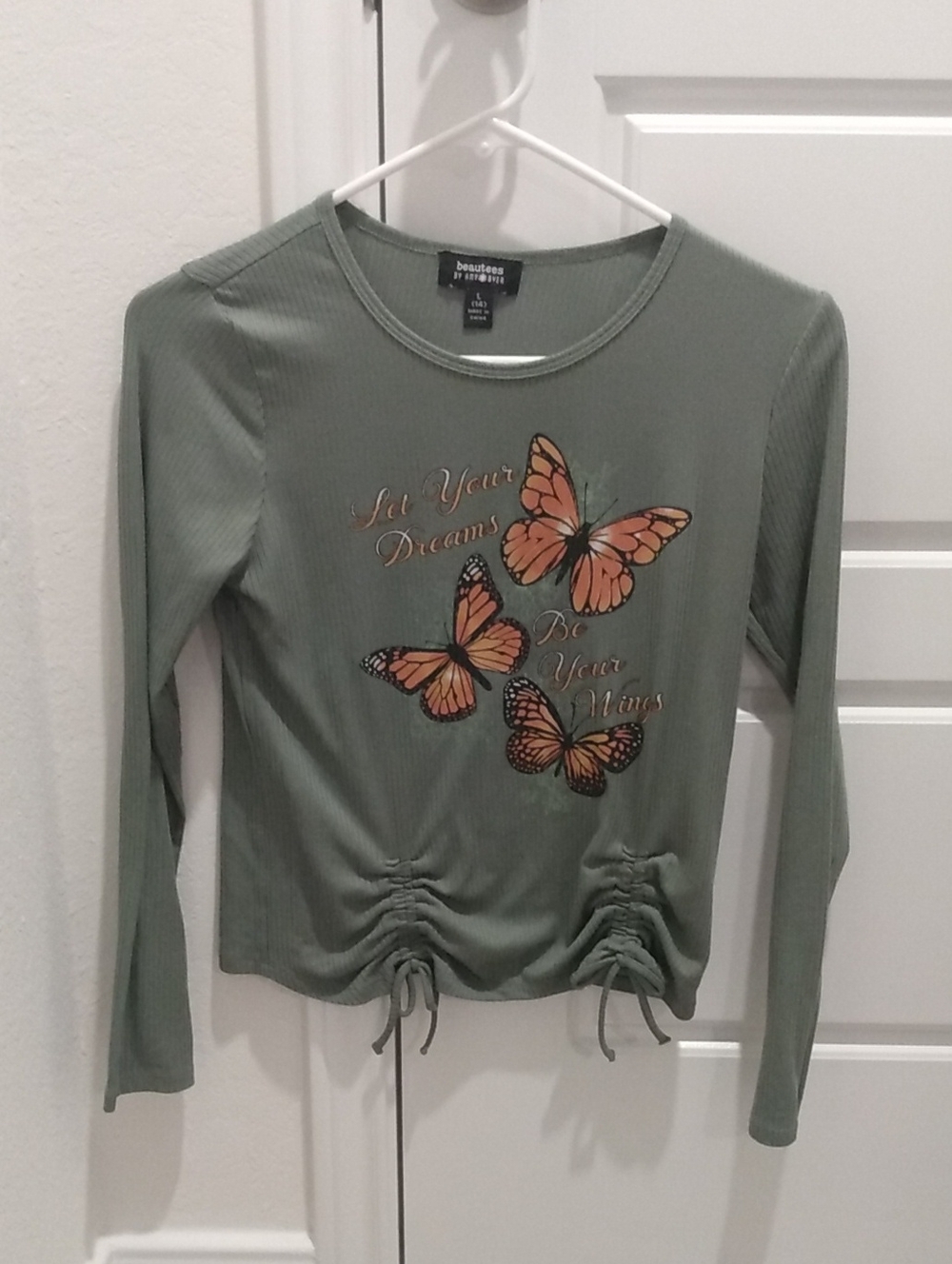 Beautees Sage Green Long Sleeve Butterfly Ruched Top